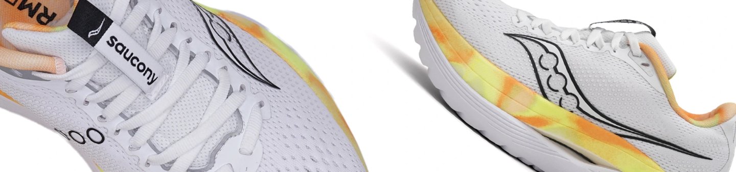 Saucony Endorphin Trainer in white with orange and yellow tie-dye midsole, shown from two close-up angles