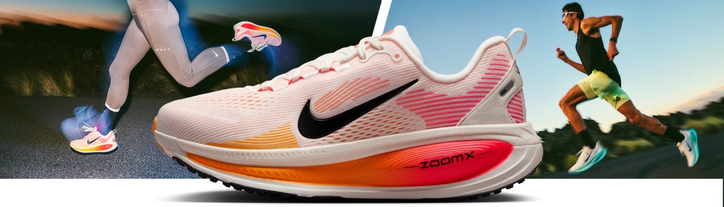 Nike Vomero 18 running shoe in pink and orange colourway with ZoomX midsole, shown with male and female runners outdoors