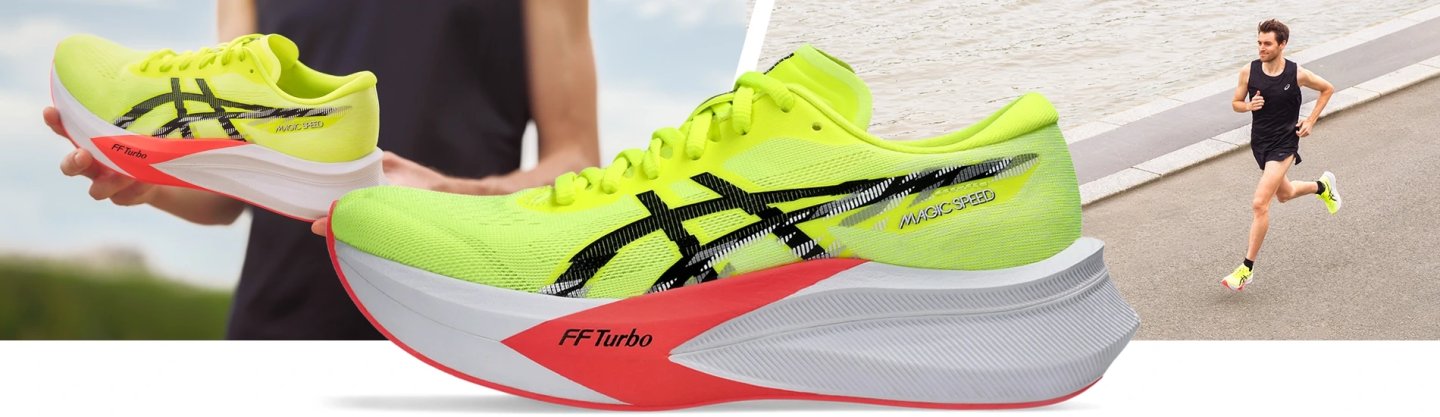 ASICS Magic Speed 4 running shoe in lime yellow and black with red FF Turbo midsole, shown close-up and worn by a male runner outdoors.
