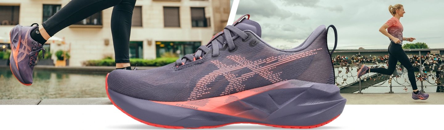ASICS Novablast 5 women's running shoe in purple and coral colourway shown from the side with runner in background