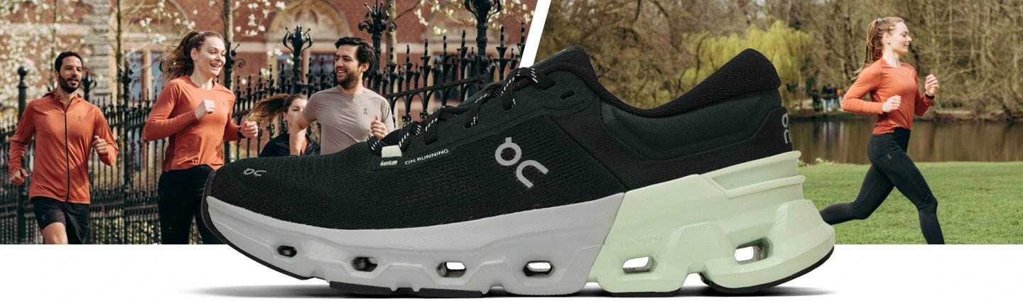On Cloudflyer 5 running shoe in black and mint, shown with group of runners in an urban park setting