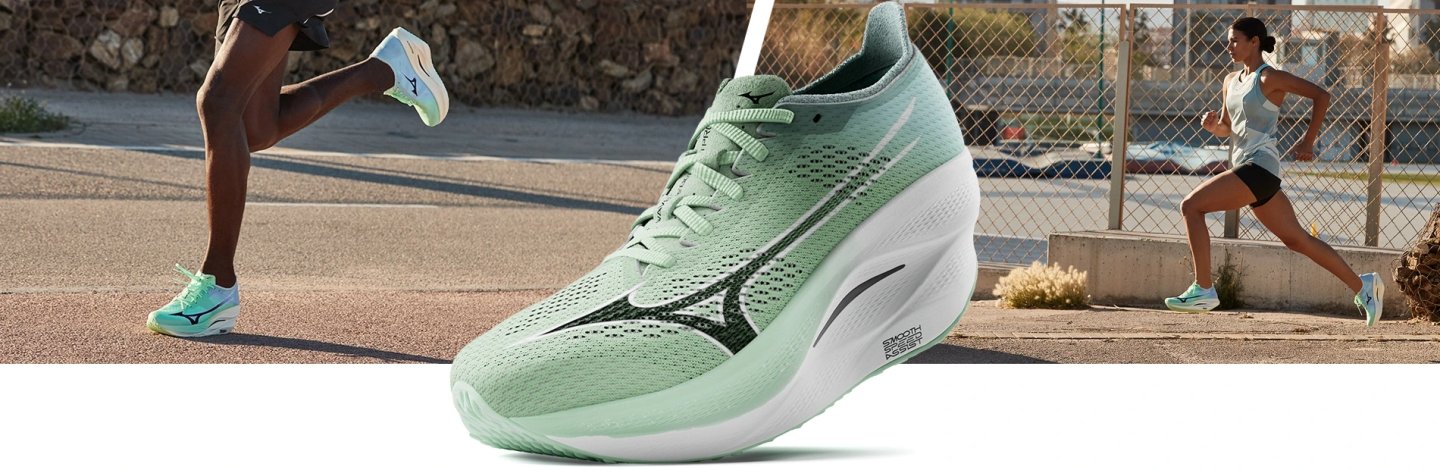Mizuno Wave Rebellion Pro 3 running shoe in mint green with black Wave logo, shown on track with two runners in background.