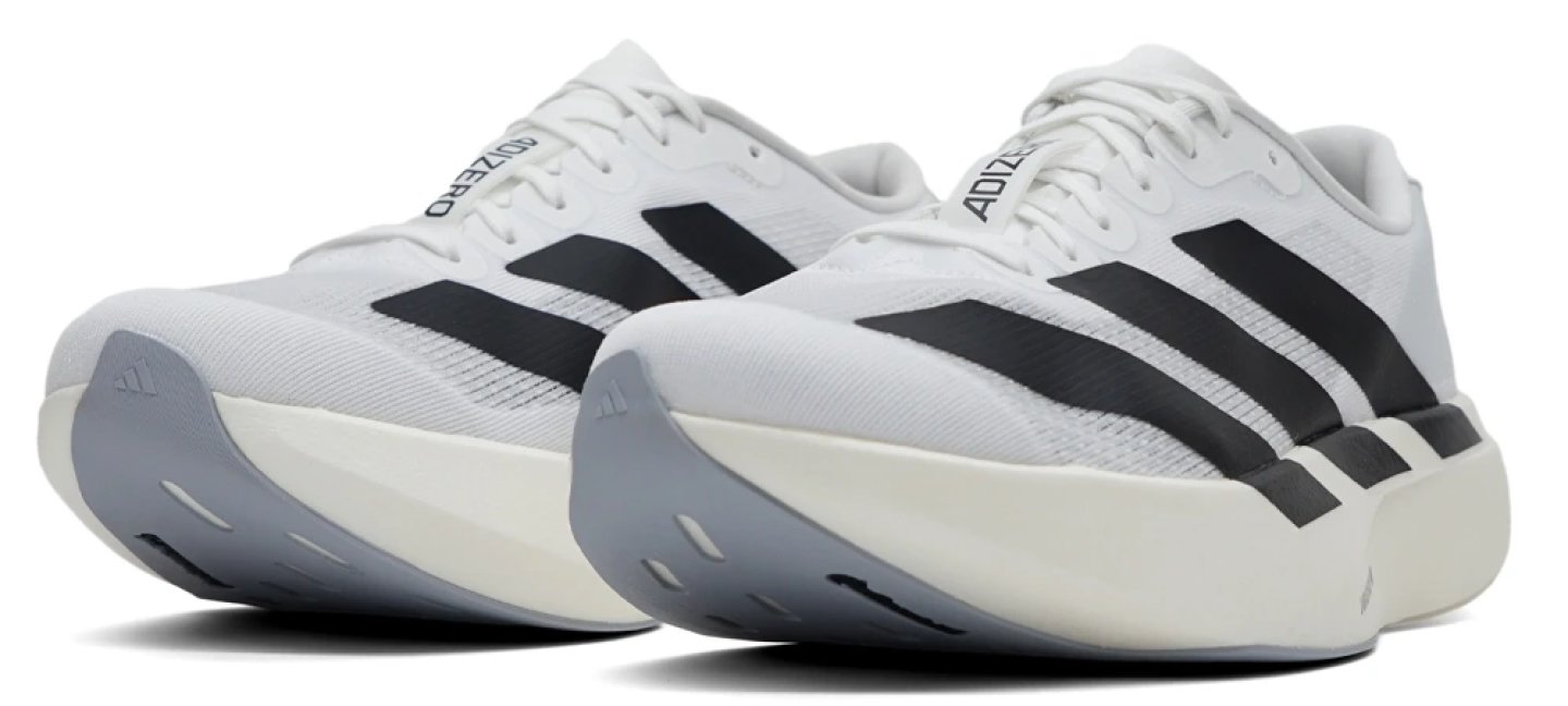 Pair of Adidas Adizero Evo SL running shoes in white with black three-stripe branding and thick cushioned midsole