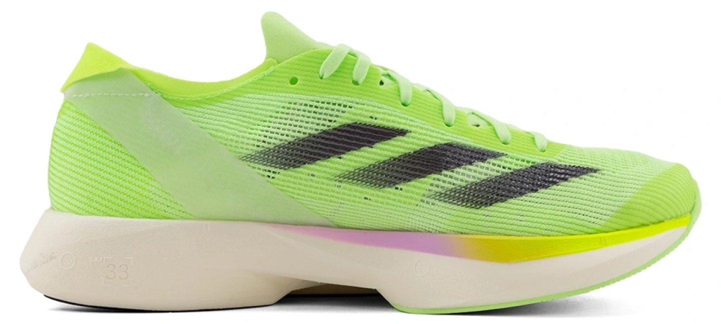 Adidas Takumi Sen 10 Speed running shoe in lime green with dark three stripes and cream midsole, lateral view