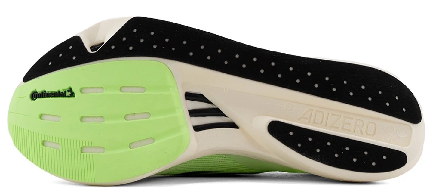 Bottom view of Adidas Adizero Takumi Sen 10 Stride showing Continental rubber outsole in green and black