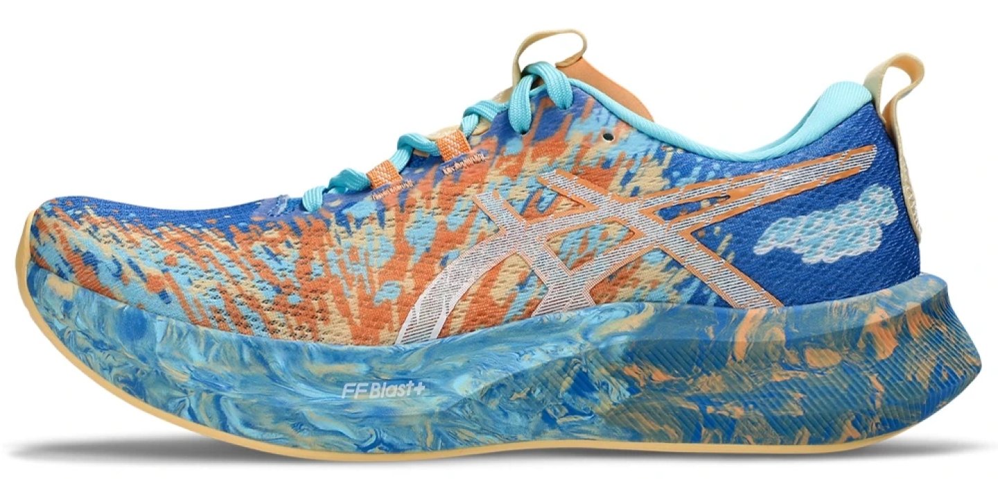 ASICS Noosa Tri 16 running shoe in blue, orange and aqua colourway with FF Blast+ midsole, lateral view
