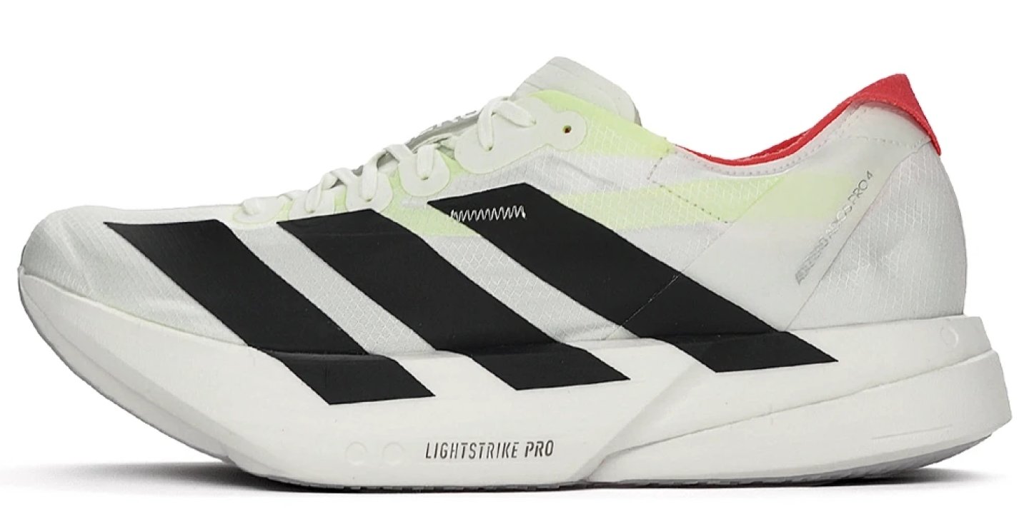 Adidas Adizero Adios Pro 4 in white with black three stripes, lime heel fade and red collar, lateral view