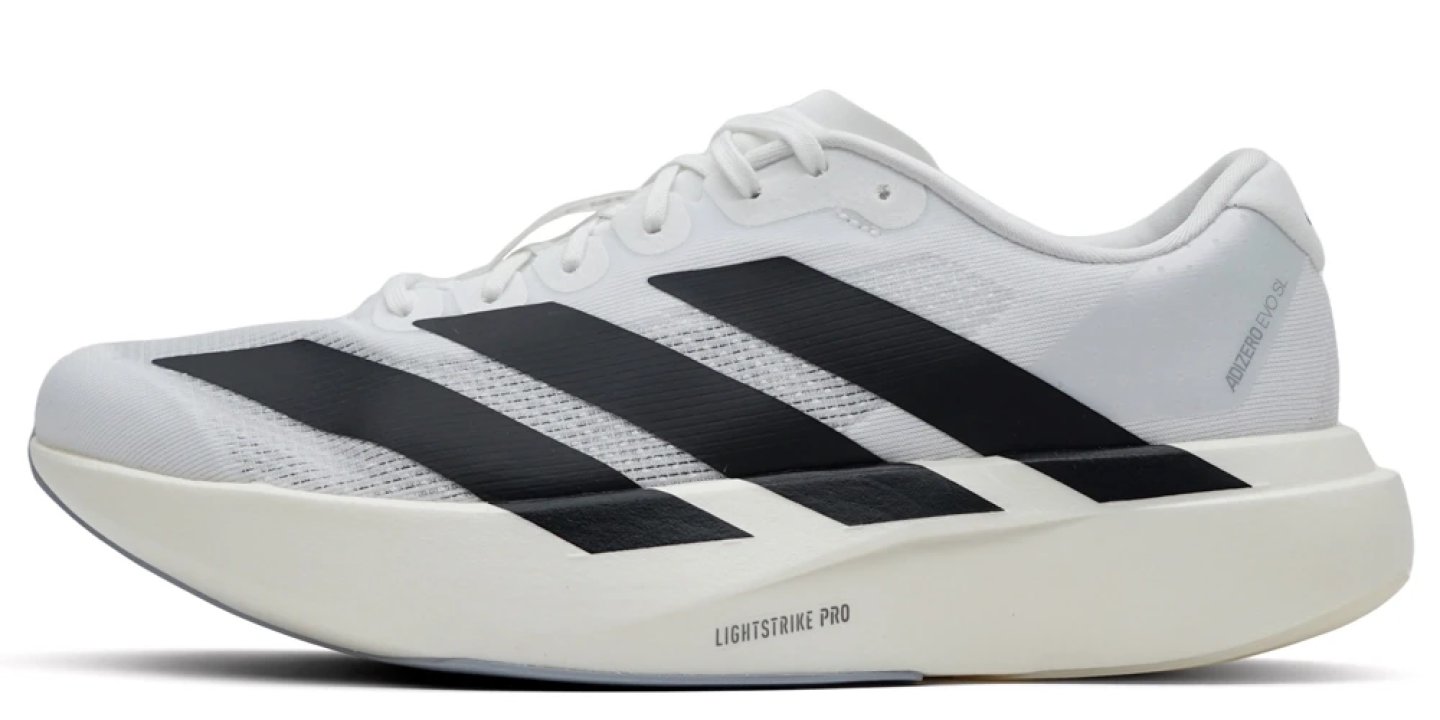 Adidas Adizero Evo SL running shoe in white with black three-stripe branding and Lightstrike Pro midsole, lateral view