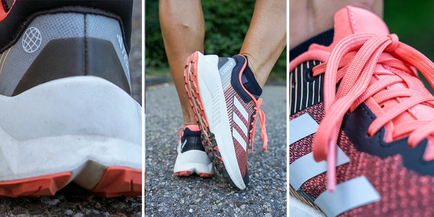 Three close-up views of the Adidas Soulstride trail running shoe showing outsole tread, side profile, and coral lace detail