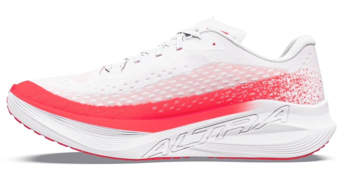 Altra Vanish Tempo 2 Foam running shoe in white and red, lateral side view on white background