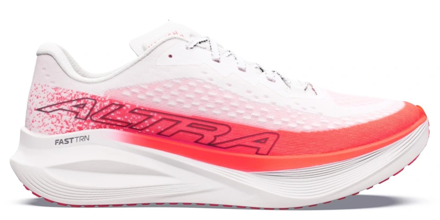 Altra Vanish Tempo 2 running shoe in white and coral colorway, lateral side view on white background