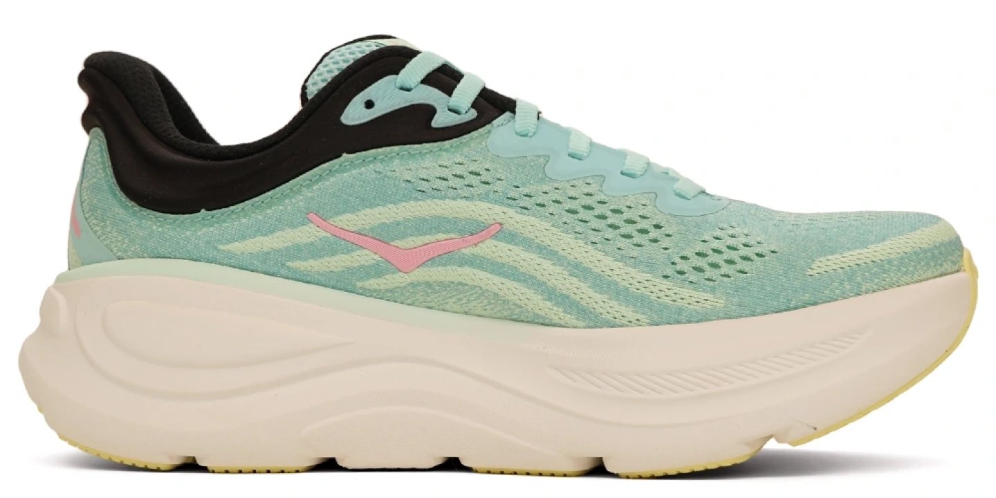 Hoka Bondi 9 running shoe in mint green with pink logo, black collar, and thick cream midsole, lateral side view