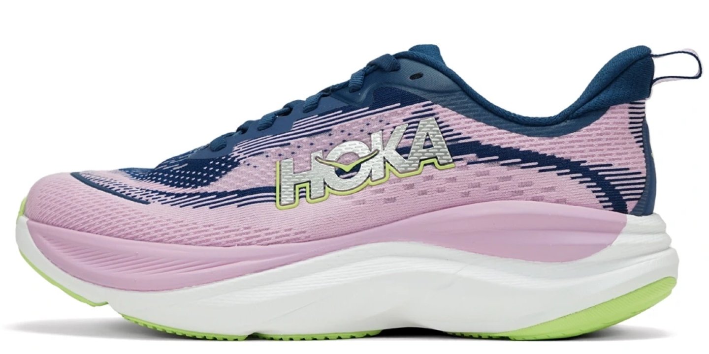 Hoka Skyflow running shoe in pink and navy with white midsole and lime green outsole, lateral side view