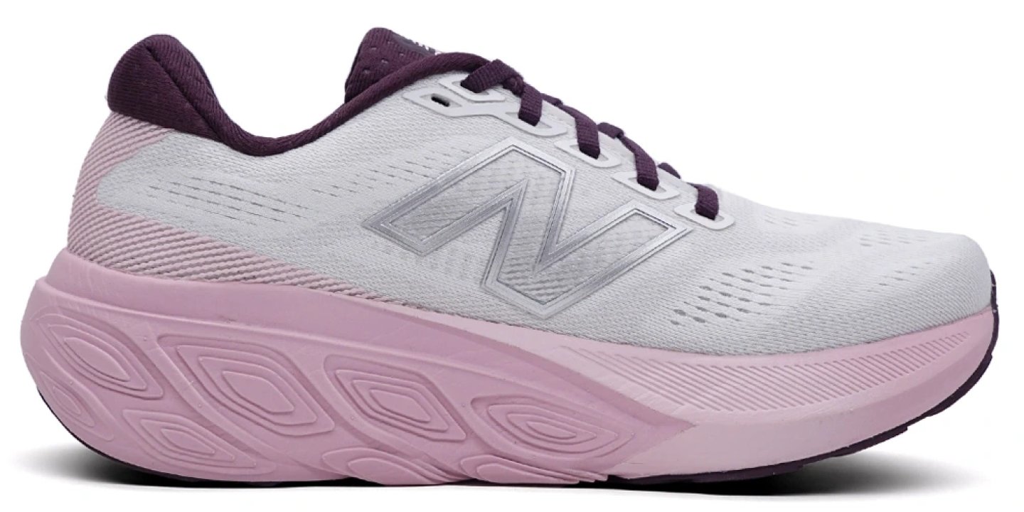 New Balance 880v15 women's running shoe in white and pink with purple accents, lateral side view