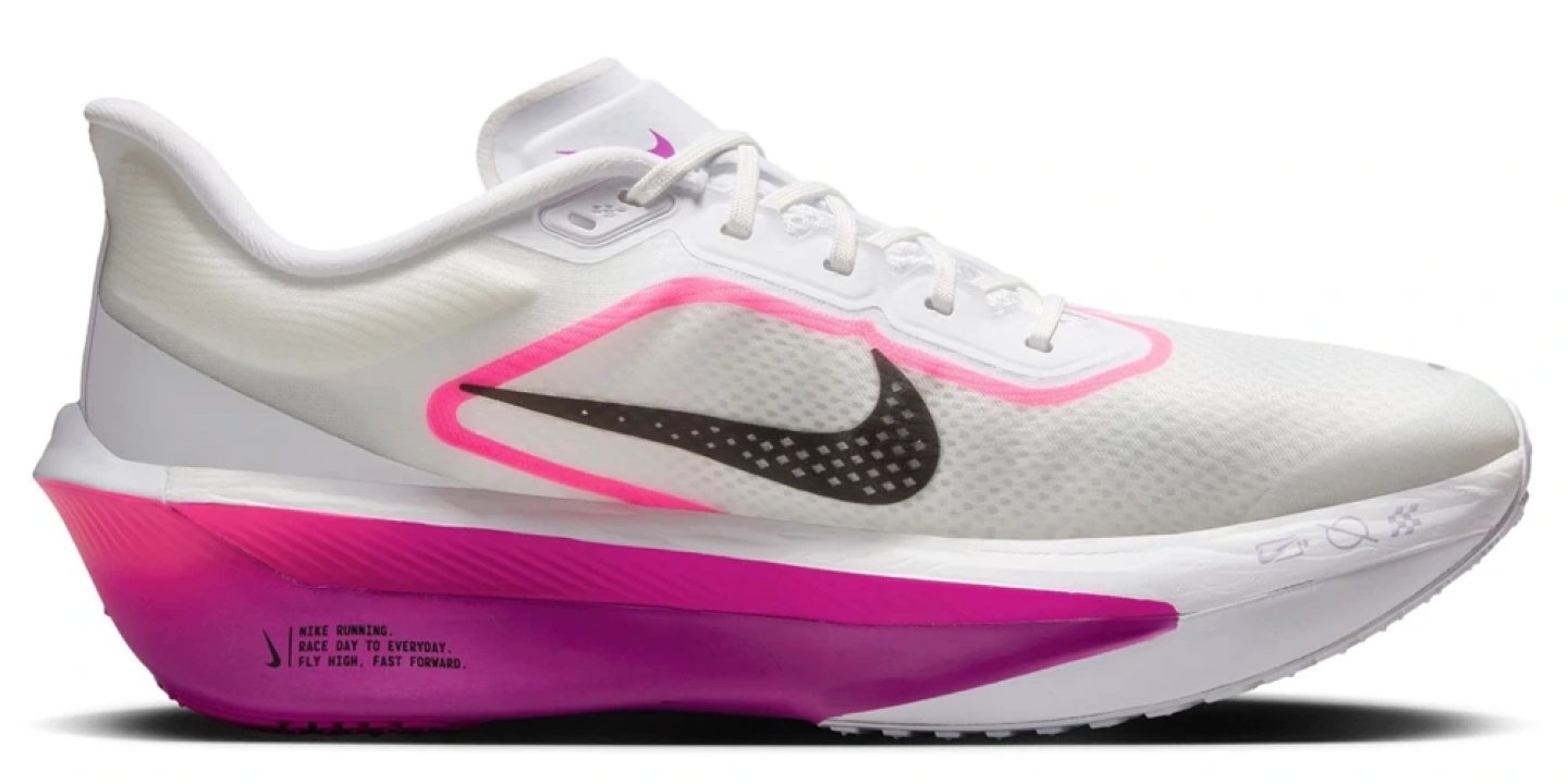 Nike Zoom Fly 6 running shoe in white with pink Swoosh outline and vibrant magenta midsole, lateral side view