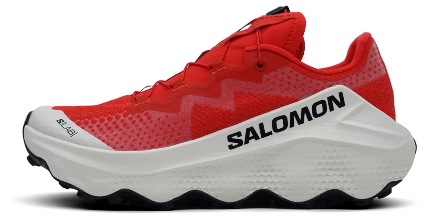 Salomon S/LAB Glide trail running shoe in red and white with black outsole, lateral side view
