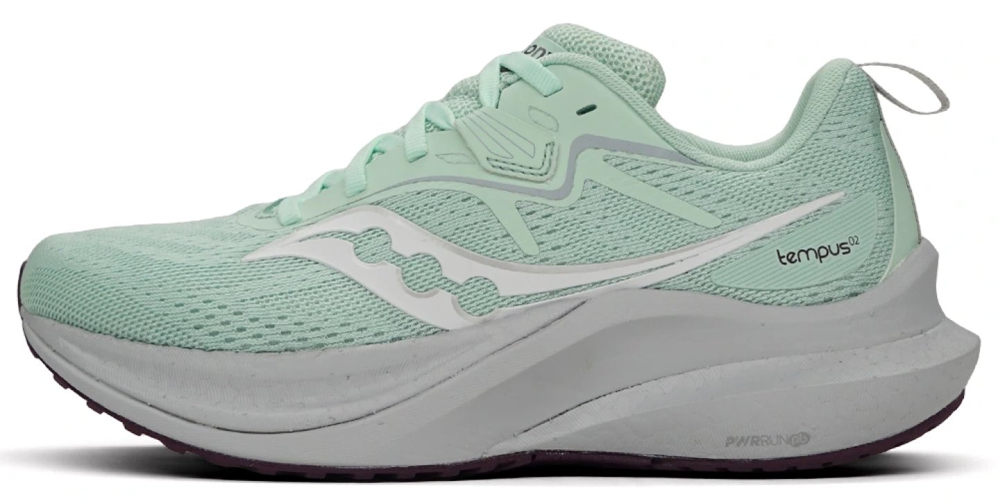 Saucony Tempus 2 women's running shoe in mint green with white PWRRUN midsole, lateral side view