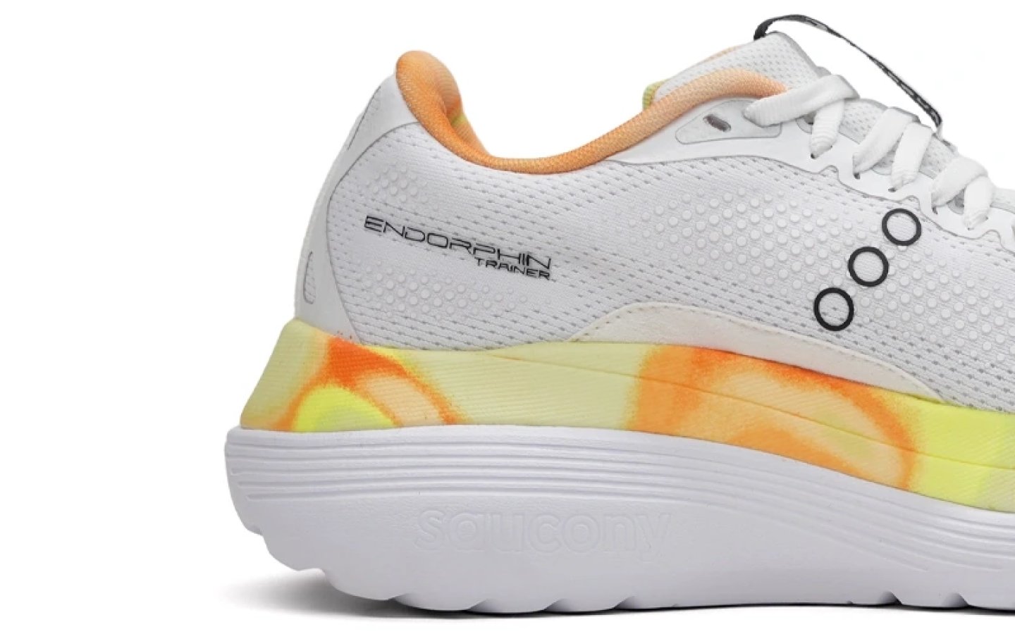 Saucony Endorphin Trainer 1 running shoe side view, white mesh upper with orange and yellow tie-dye midsole detail