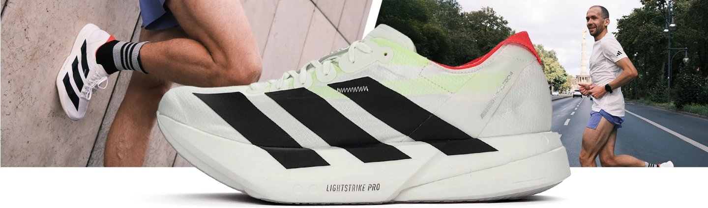Adidas Adizero Adios Pro 4 in white, black and red with Lightstrike Pro midsole, shown on foot and as product close-up