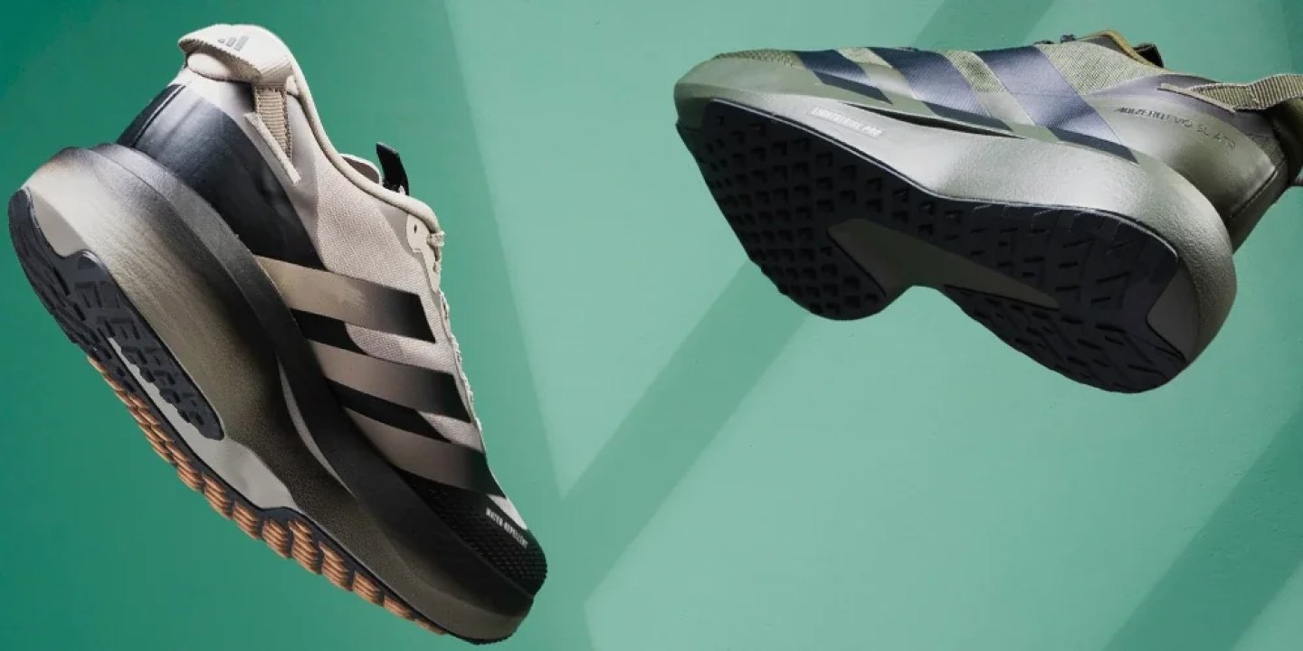Adidas trail running shoes shown from side profile and outsole angles against a teal background.