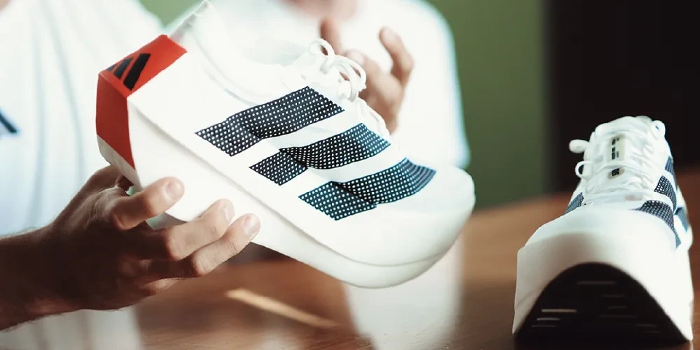 Person holding white Adidas Adizero SL running shoe showing perforated Three Stripes and thick white midsole.