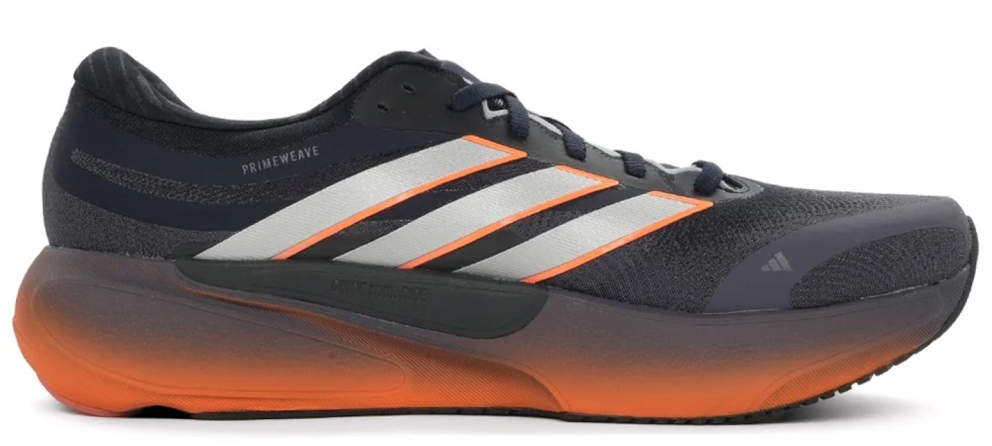 Adidas Primeweave running shoe in navy with white three stripes, orange accents, and a gradient orange-to-grey midsole.