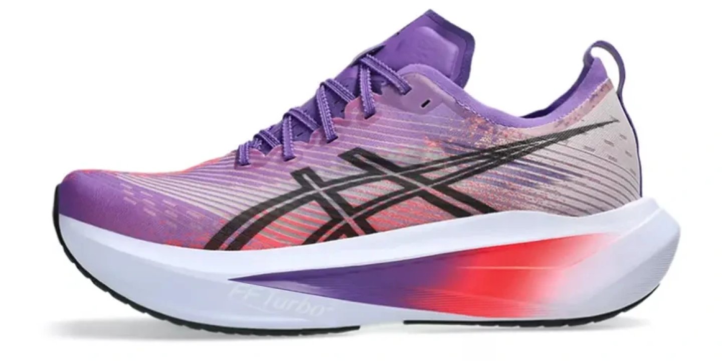 Asics Gel-Nimbus 25 women's running shoe in purple, pink and red with black Asics logo and white midsole