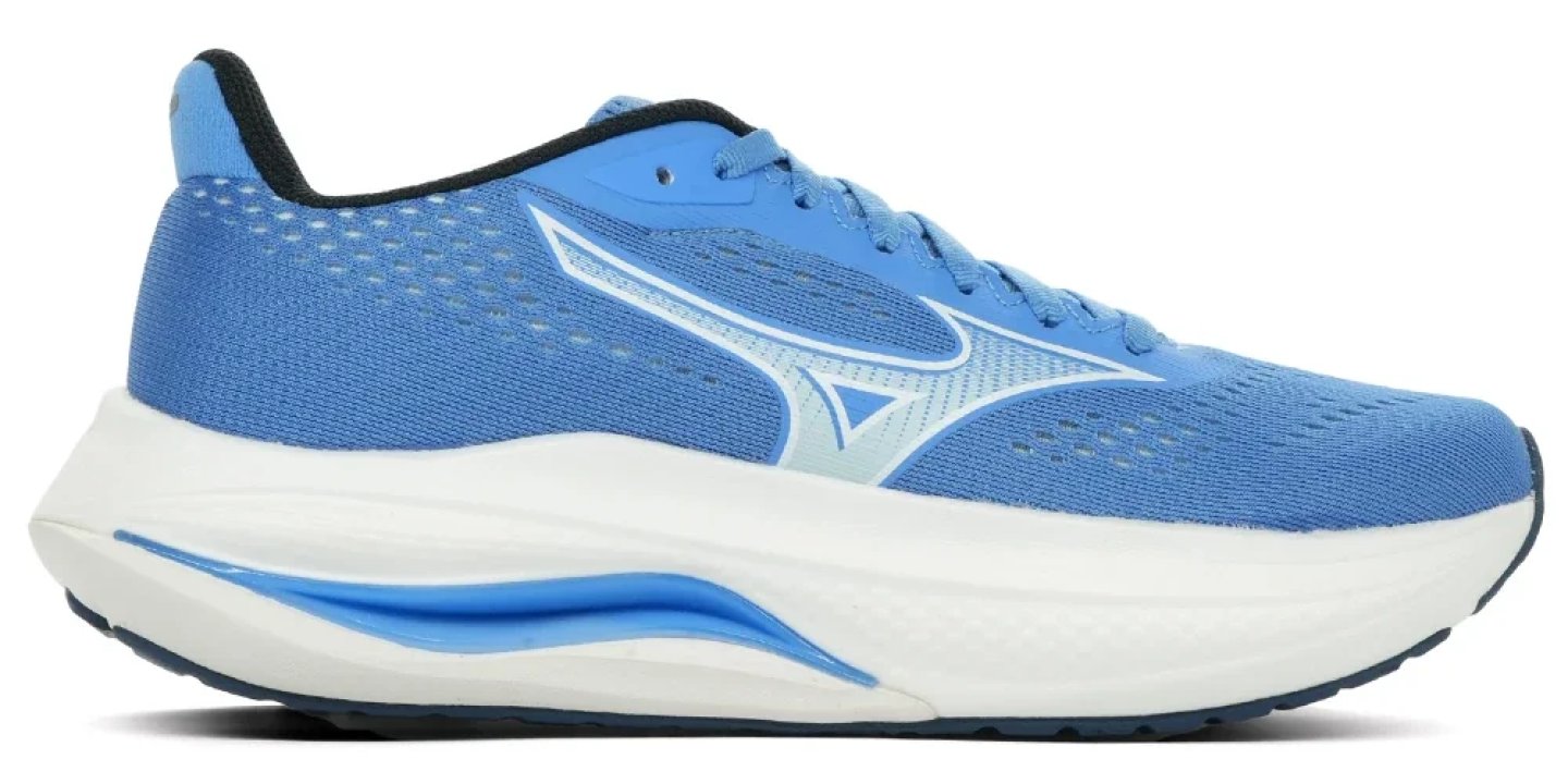 Mizuno running shoe in blue with white Wave logo, cushioned white midsole, and blue outsole accent, lateral view.