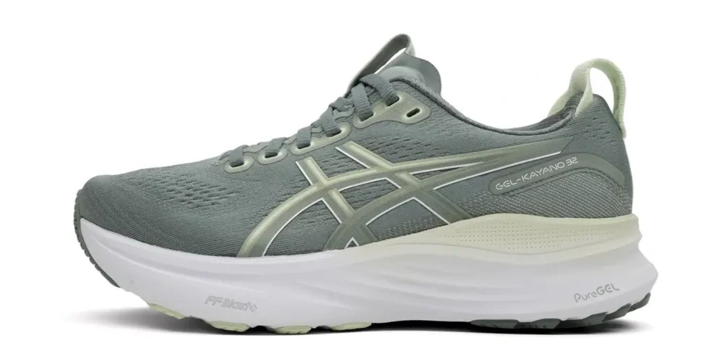 ASICS Gel-Kayano 32 running shoe in sage green with white FF Blast+ and PureGEL midsole, lateral side view