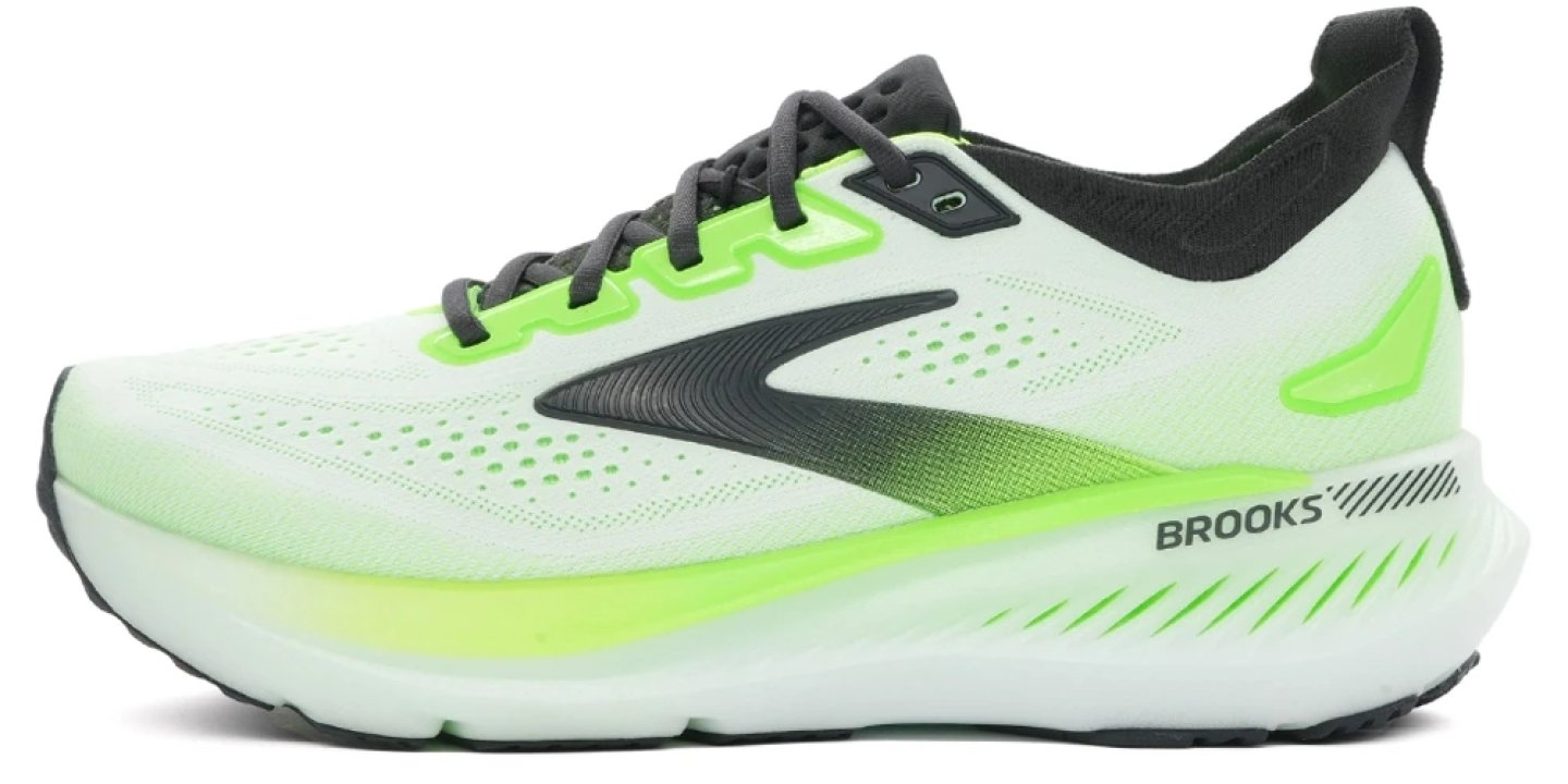 Brooks Glycerin GTS 23 running shoe in white and green, lateral side view showing chunky midsole and mesh upper