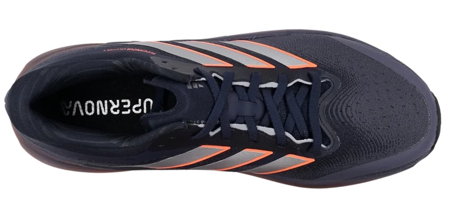 Top view of Adidas Supernova Solution 2 running shoe in navy blue with orange and silver Three Stripes.
