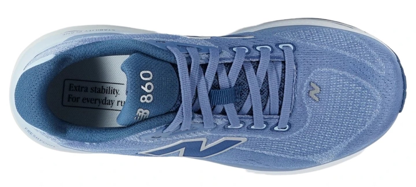 Top-down view of New Balance 860 V14 women's running shoe in steel blue with Fresh Foam midsole and stability plate
