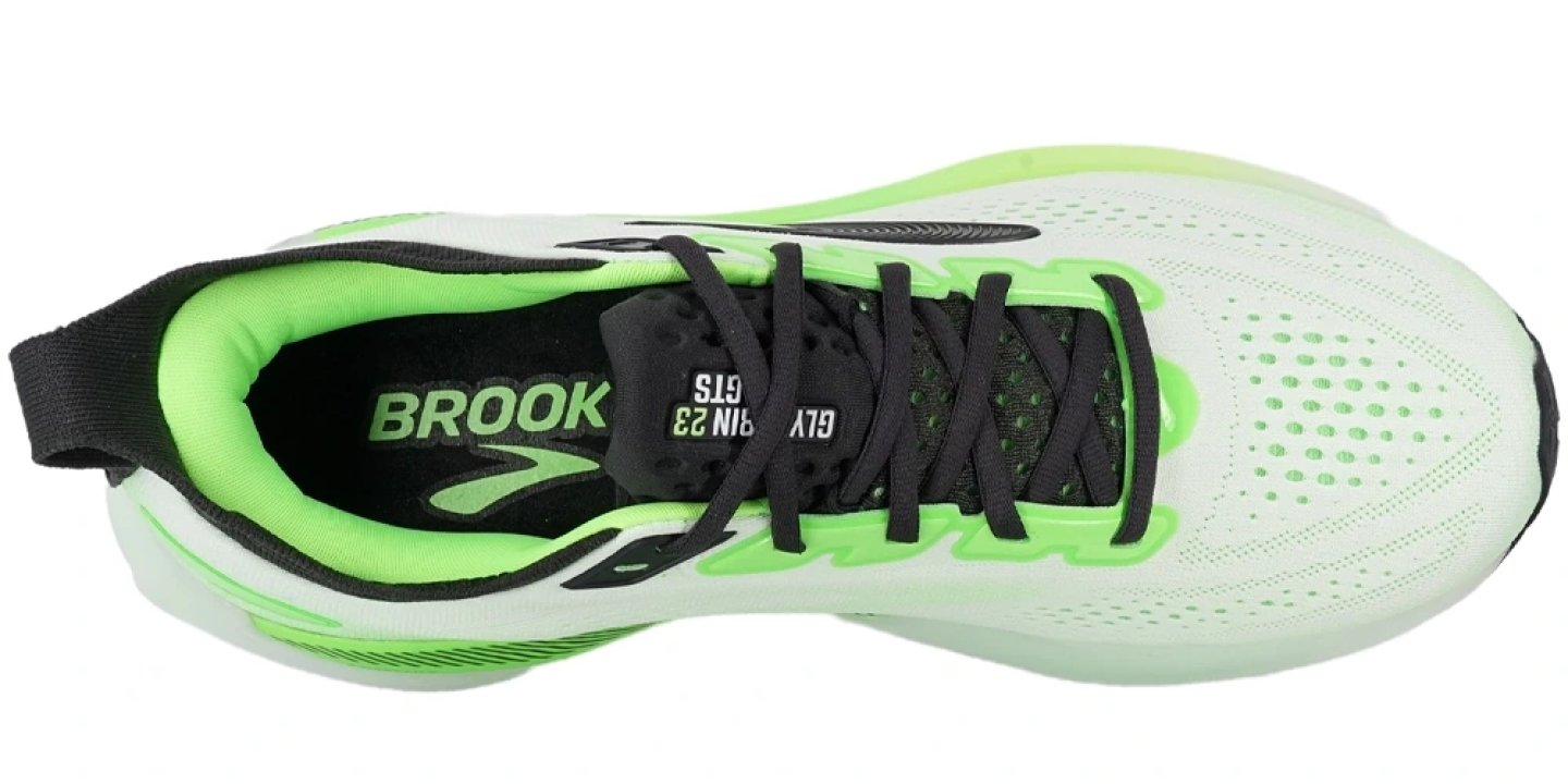 Top-down view of Brooks Glycerin GTS 23 running shoe in white with neon green overlays and black laces