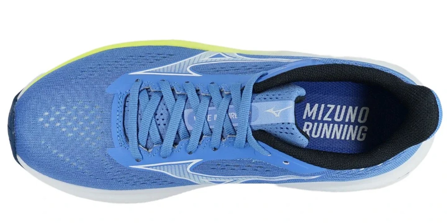 Top-down view of a blue Mizuno running shoe with white laces, Runbird logo, and yellow-green midsole trim.