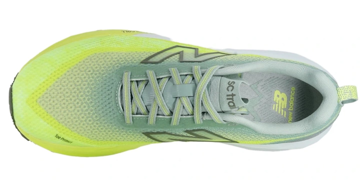 Top view of New Balance SC Trail running shoe in lime yellow and sage green with grey laces and NB logo