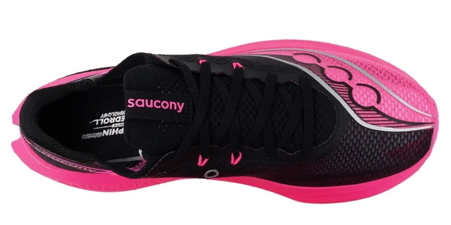 Top-down view of a Saucony running shoe with black mesh upper and hot-pink midsole and outsole accents.
