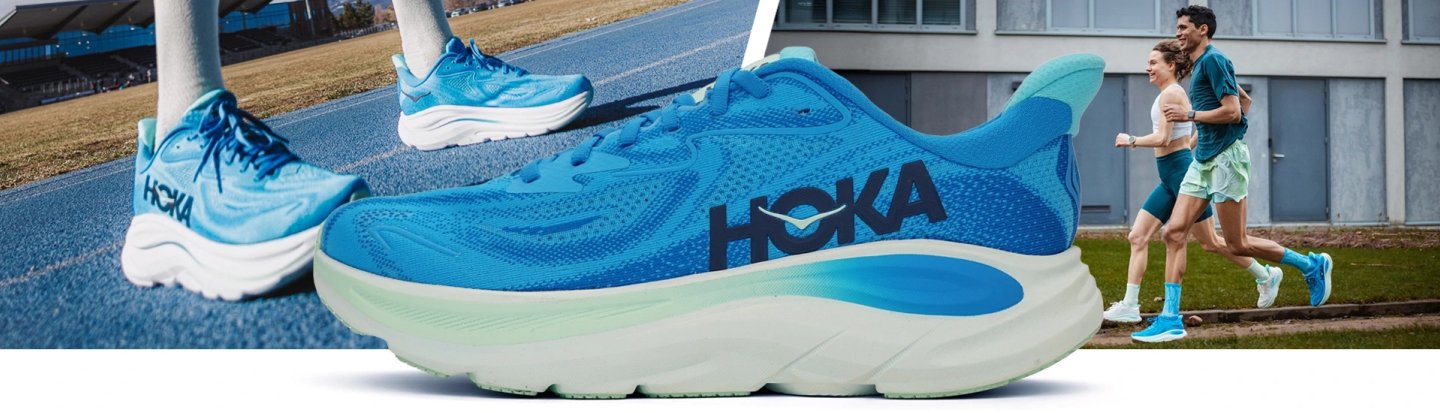 HOKA blue knit running shoes with thick white midsole shown from multiple angles with two runners in background