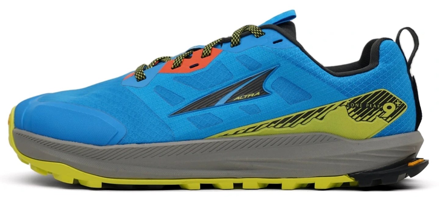 Altra Lone Peak 9+ trail running shoe in blue and lime green with orange accents, lateral side view