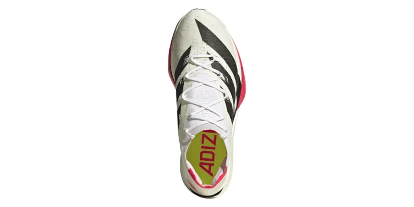 Top-down view of Adidas Adizero 3 running shoe in white with black Three Stripes and pink sole trim