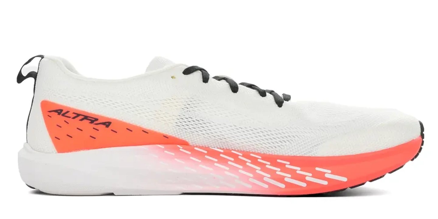 Altra Vanish Pulse running shoe in white and coral, lateral side view on white background