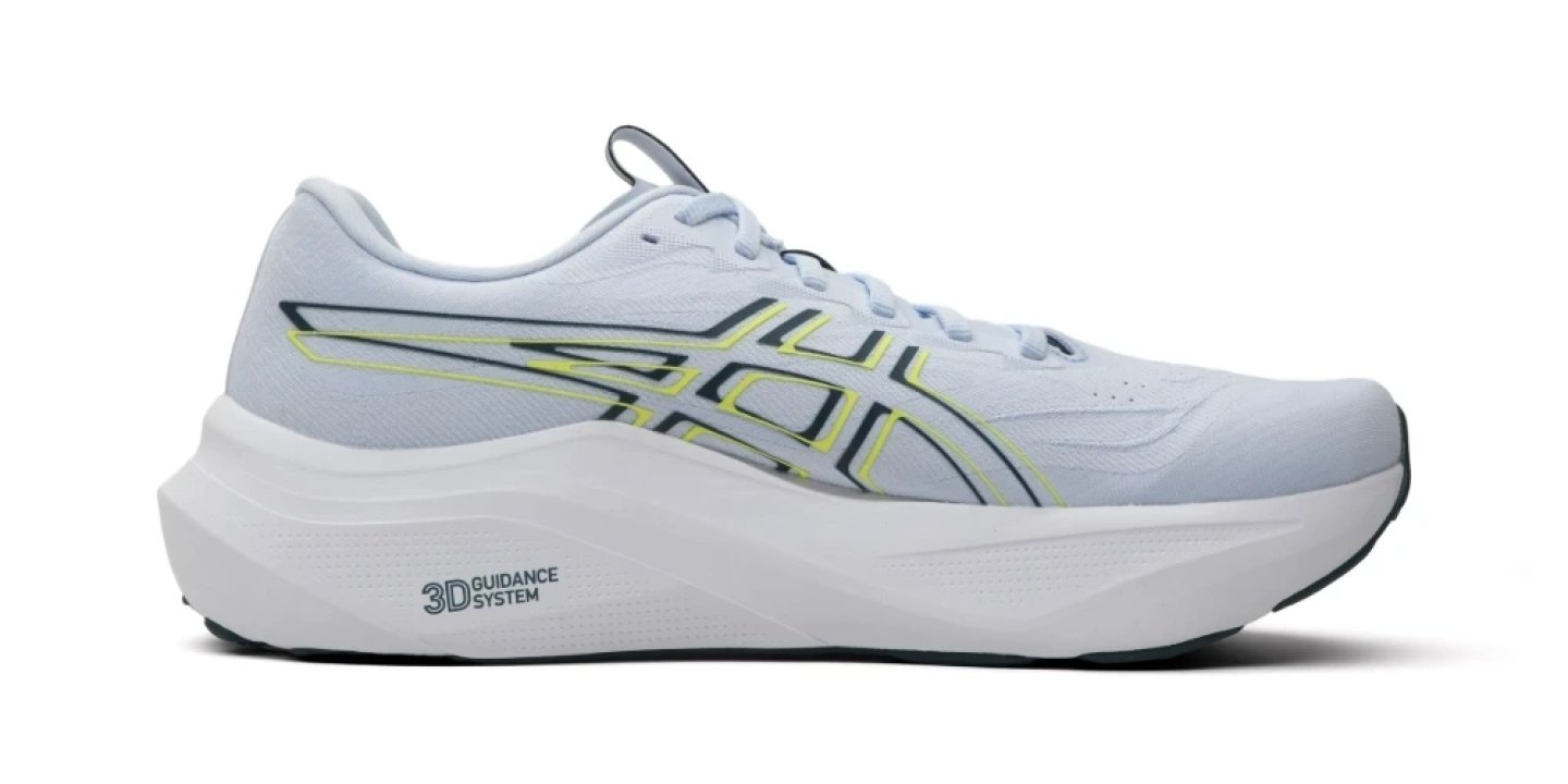 Asics Gel-Kayano 21 running shoe in light blue with yellow and dark navy accents, white midsole, lateral view