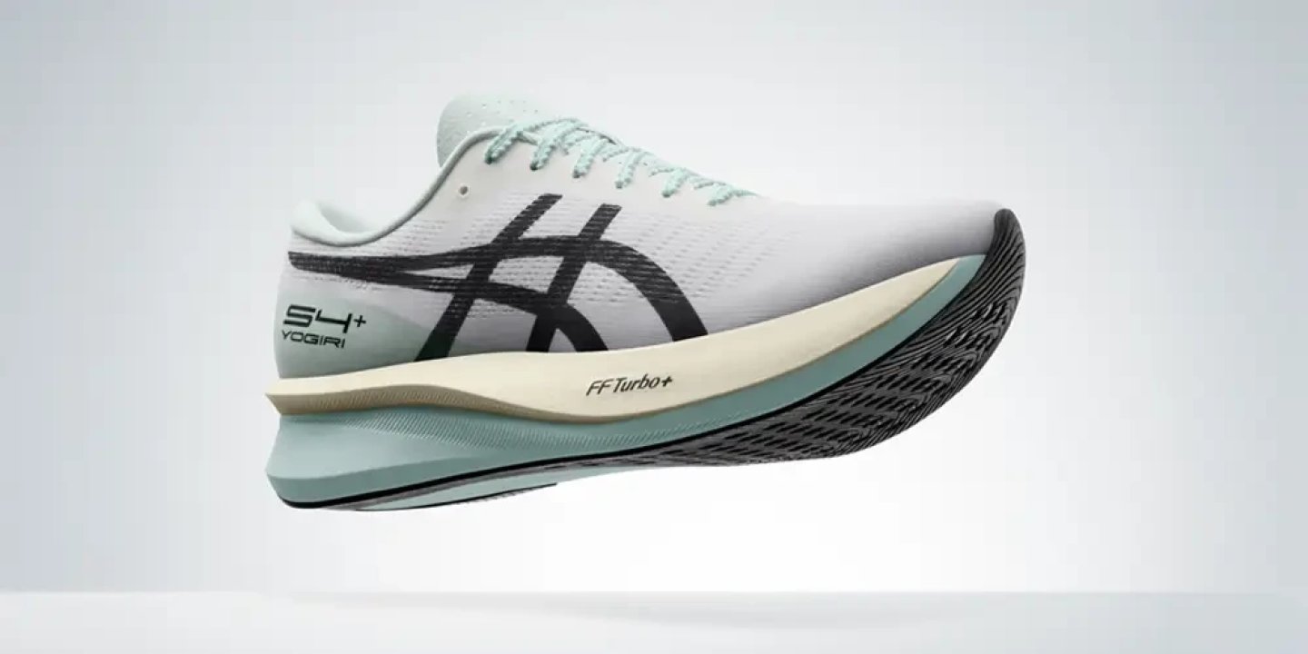 Asics Magic Speed 4 Yogiri running shoe in white and mint with black Asics stripe and FF Turbo+ midsole