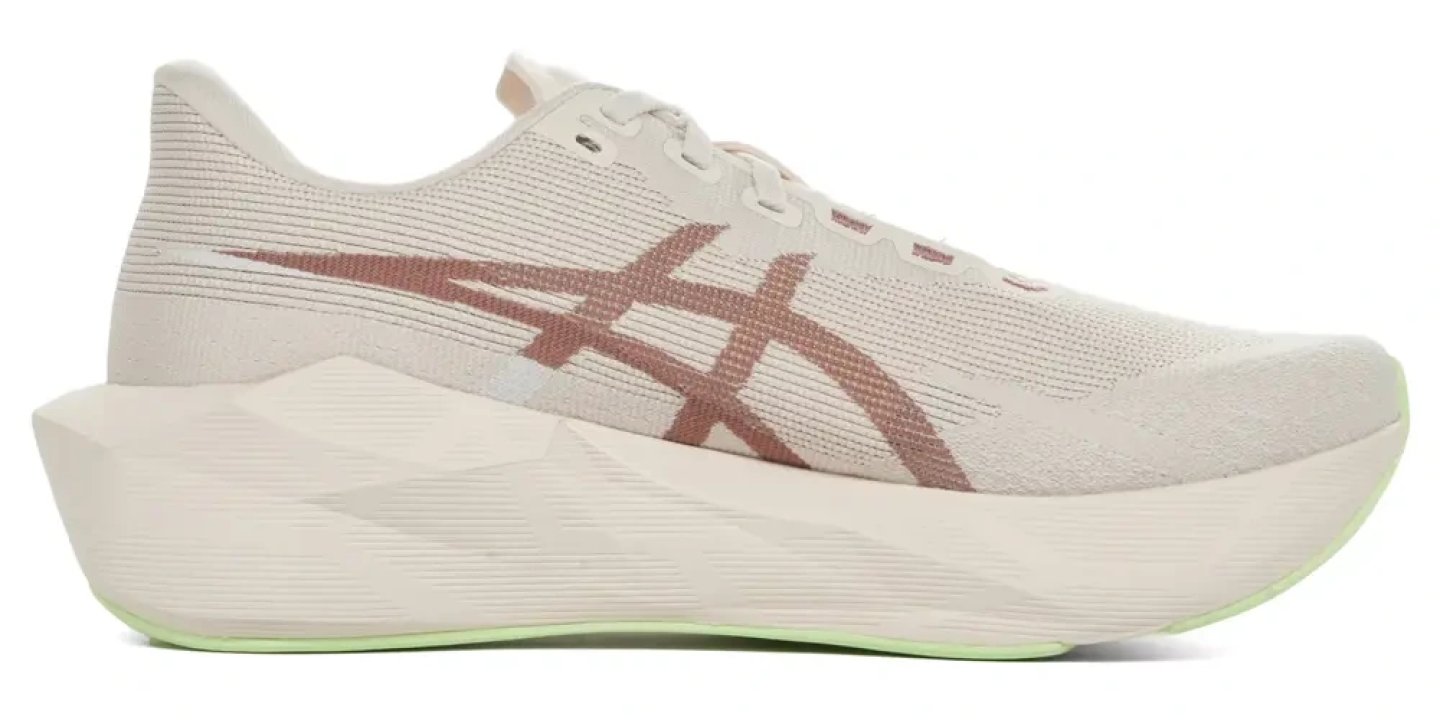 ASICS Novablast 6 running shoe in cream with mauve Gel-Stripe logo and neon green outsole, lateral view