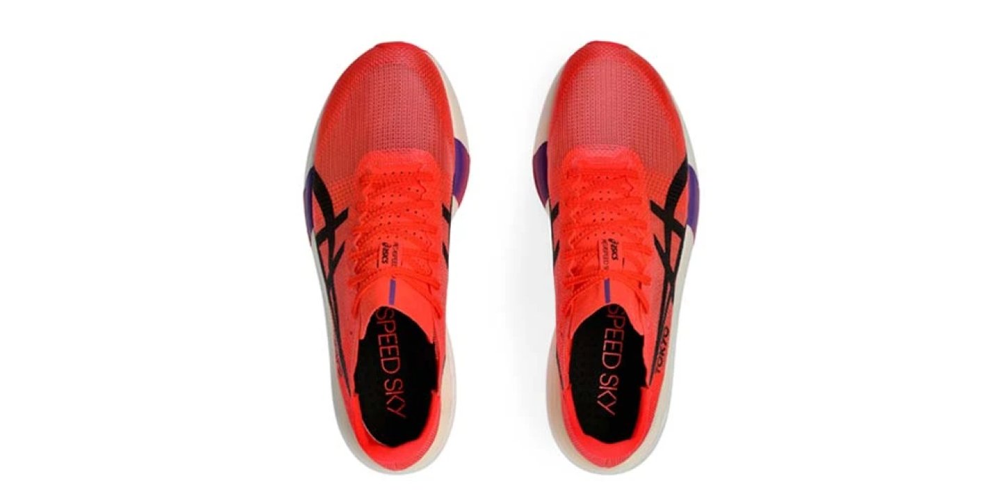 Top view of a pair of Asics Speed Sky racing flats in red and purple with black Asics logo branding