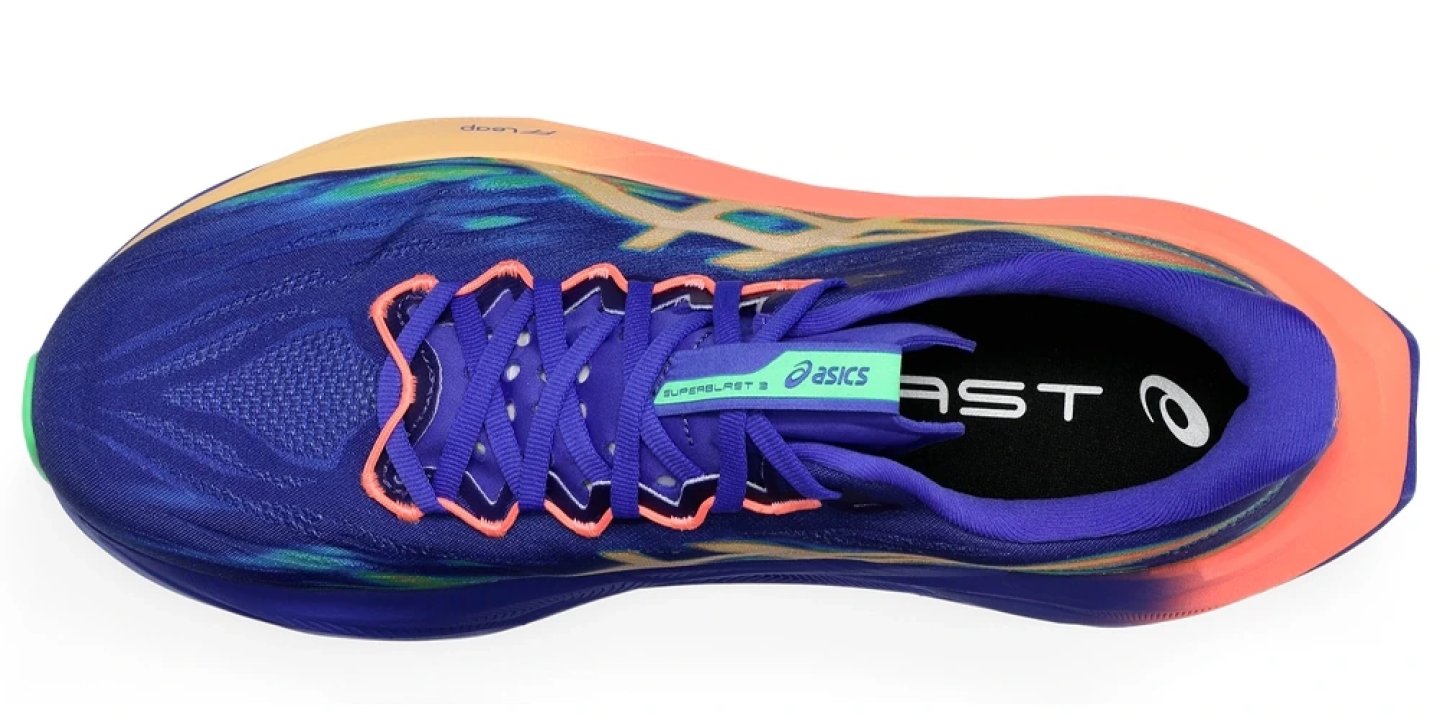 Top-down view of ASICS Superblast 2 running shoe in blue and coral with matching laces and gradient midsole