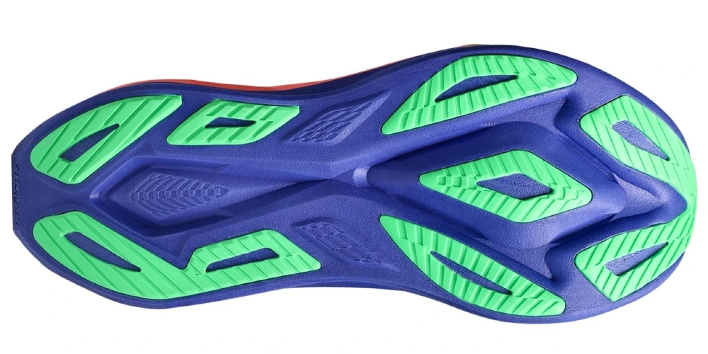 Bottom view of the Asics Superblast 3 running shoe outsole in blue and green with multi-directional traction lugs.