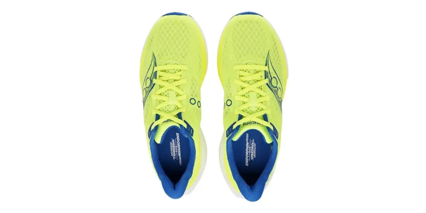 Top-down view of a pair of Saucony Endorphin 5 running shoes in neon yellow with blue laces and insole detailing