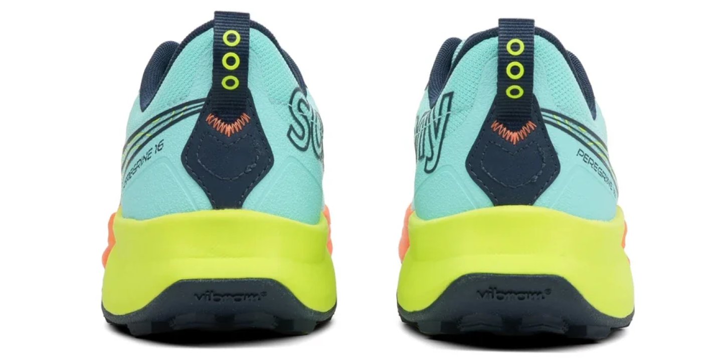 Rear view of Saucony Peregrine 16 trail shoes in aqua and navy with a yellow-green Vibram outsole and orange heel accent.