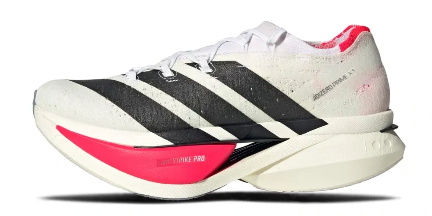 Adidas Adizero Prime X3 running shoe in white with black three stripes and pink Lightstrike Pro midsole, lateral view