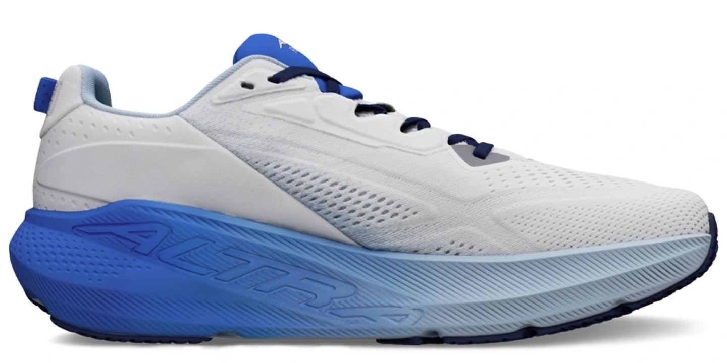 Altra Adrenaline running shoe in white with blue gradient midsole and navy laces, lateral side view